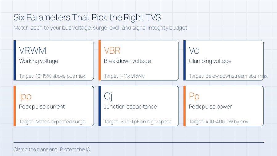 Six TVS diode selection parameters: VRWM, VBR, clamping voltage, peak pulse current, junction capacitance, and peak pulse power arranged as comparison cards